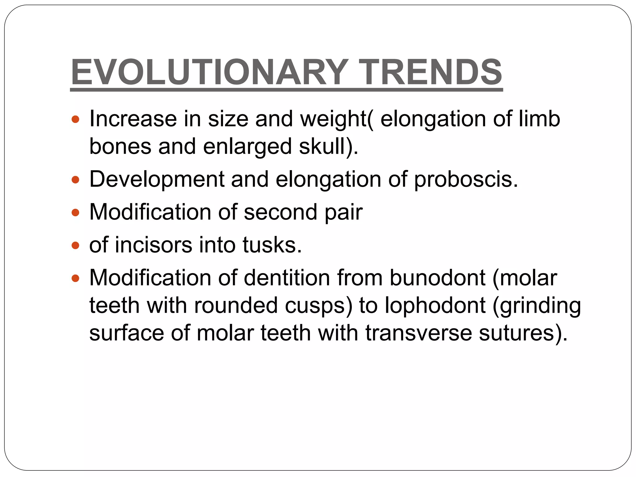 EVOLUTIONARY TRENDS
 Increase in size and weight( elongation of limb
bones and enlarged skull).
 Development and elongation of proboscis.
 Modification of second pair
 of incisors into tusks.
 Modification of dentition from bunodont (molar
teeth with rounded cusps) to lophodont (grinding
surface of molar teeth with transverse sutures).
 