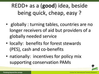 REDD+ as a (good) idea, beside
being quick, cheap, easy ?
• globally : turning tables, countries are no
longer receivers o...