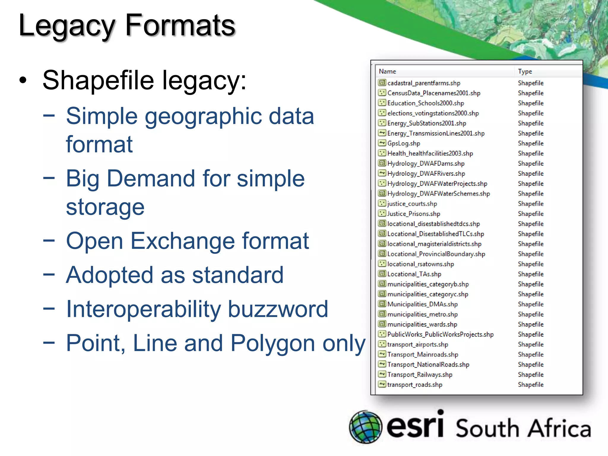 Legacy Formats
• Shapefile legacy:
 − Simple geographic data
   format
 − Big Demand for simple
   storage
 − Open Exchange format
 − Adopted as standard
 − Interoperability buzzword
 − Point, Line and Polygon only
 