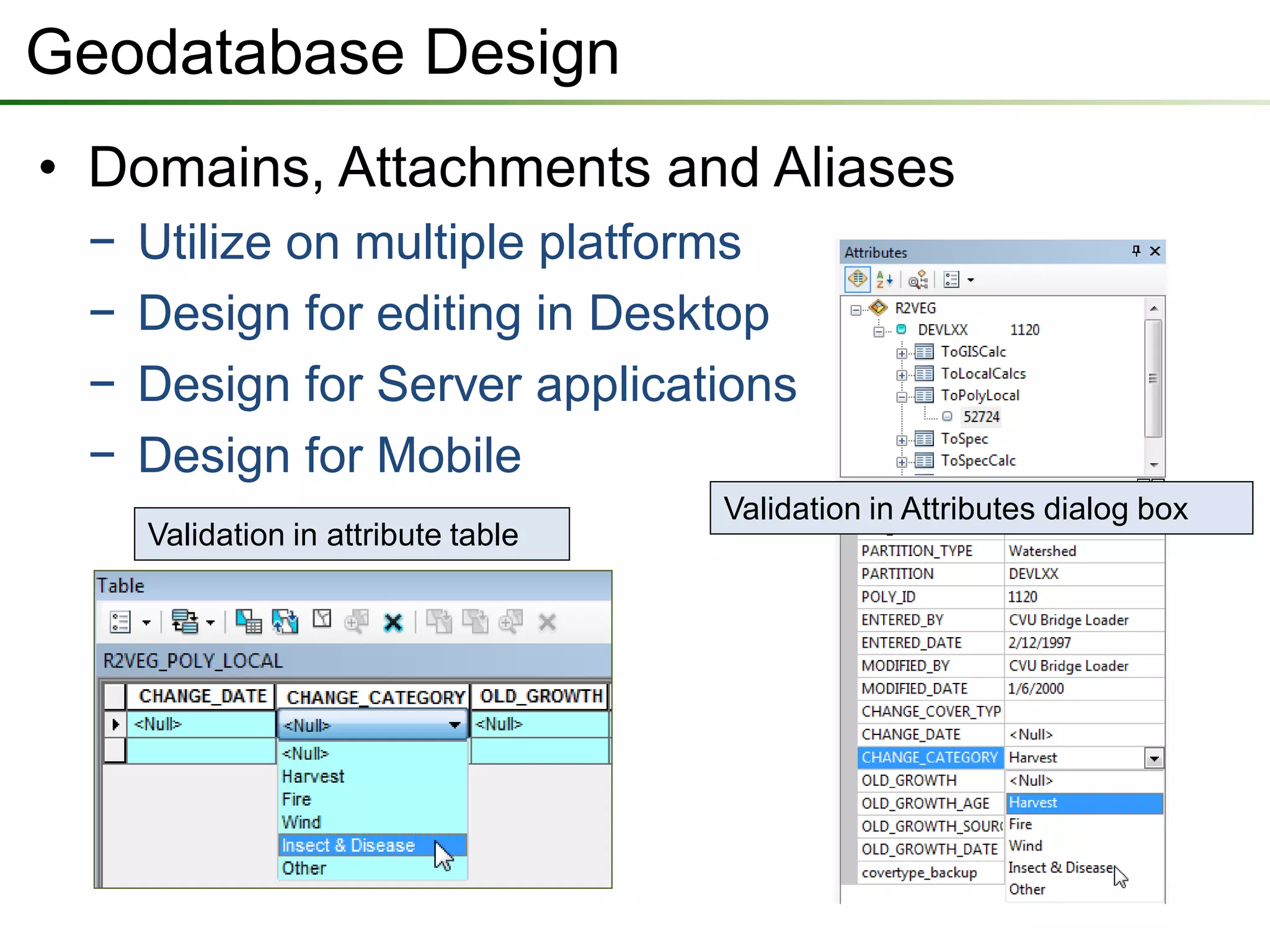 Geodatabase Design
• Domains, Attachments and Aliases
 −   Utilize on multiple platforms
 −   Design for editing in Desktop
 −   Design for Server applications
 −   Design for Mobile
                                     Validation in Attributes dialog box
     Validation in attribute table
 