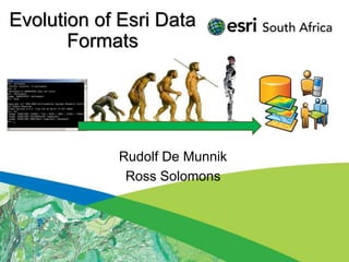 Evolution of Esri Data
       Formats




            Rudolf De Munnik
             Ross Solomons
 