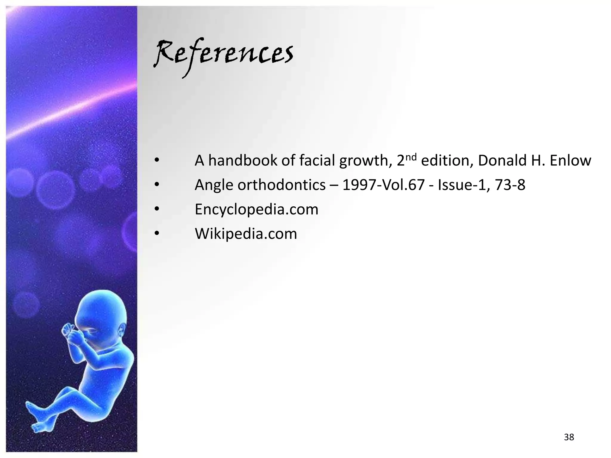 ReferencesA handbook of facial growth, 2nd edition, Donald H. EnlowAngle orthodontics – 1997-Vol.67 - Issue-1, 73-8Encyclopedia.comWikipedia.com38