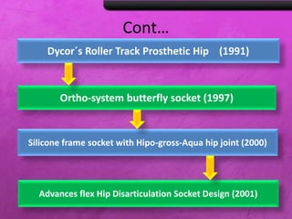Cont…
Advances flex Hip Disarticulation Socket Design (2001)
Silicone frame socket with Hipo-gross-Aqua hip joint (2000)
Dycor´s Roller Track Prosthetic Hip (1991)
Ortho-system butterfly socket (1997)
 