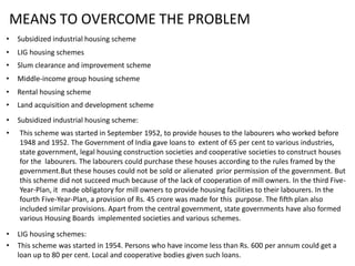 MEANS TO OVERCOME THE PROBLEM
• Subsidized industrial housing scheme
• LIG housing schemes
• Slum clearance and improvement scheme
• Middle-income group housing scheme
• Rental housing scheme
• Land acquisition and development scheme
• Subsidized industrial housing scheme:
• This scheme was started in September 1952, to provide houses to the labourers who worked before
1948 and 1952. The Government of India gave loans to extent of 65 per cent to various industries,
state government, legal housing construction societies and cooperative societies to construct houses
for the labourers. The labourers could purchase these houses according to the rules framed by the
government.But these houses could not be sold or alienated prior permission of the government. But
this scheme did not succeed much because of the lack of cooperation of mill owners. In the third Five-
Year-Plan, it made obligatory for mill owners to provide housing facilities to their labourers. In the
fourth Five-Year-Plan, a provision of Rs. 45 crore was made for this purpose. The fifth plan also
included similar provisions. Apart from the central government, state governments have also formed
various Housing Boards implemented societies and various schemes.
• LIG housing schemes:
• This scheme was started in 1954. Persons who have income less than Rs. 600 per annum could get a
loan up to 80 per cent. Local and cooperative bodies given such loans.
 