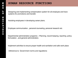 OF HRM      HUMAN RESOURCE FUNCTIONS

            Designing and implementing compensation system for all employee and have
            systems for promotions and transfer
EVOLUTION




            Assisting employees in developing career plans.



            Employee communication , personal counseling, personal research etc



            Departmental administration programs – Planning, record keeping, reporting ,policy
            formulation , and general administration.



            Implement activities to ensure proper health and sanitation and safe work place


            Adherence to Government norms and regulations
 