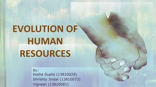 EVOLUTION OF 
HUMAN 
RESOURCES 
By: 
Eesha Gupta (13810029) 
Shrishty Jindal (13810073) 
Vignesh (13810081) 
 