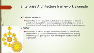Enterprise Architecture framework example
 Zachman framework
 Established at 1987 by Zachman, Draws upon the discipline of classical
architecture to establish a common vocabulary and set of perspectives, a
framework, for defining and describing today's complex enterprise systems.
 TOGAF
 Established at 2003as TOGAF8; by the The Open Group Architecture
Framework (TOGAF) is a framework and detailed method for building,
maintaining, and gaining value from an enterprise architecture for an
organization.
 