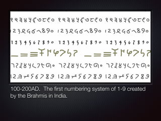100-200AD. The first numbering system of 1-9 created
by the Brahmis in India.