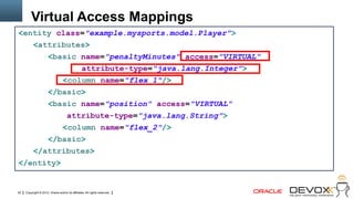 Virtual Access Mappings
<entity class="example.mysports.model.Player">
          <attributes>
                      <basic name="penaltyMinutes" access="VIRTUAL"
                                                  attribute-type="java.lang.Integer">
                                  <column name="flex_1"/>
                      </basic>
                      <basic name="position" access="VIRTUAL"
                                      attribute-type="java.lang.String">
                                  <column name="flex_2"/>
                      </basic>
          </attributes>
</entity>


22   Copyright © 2012, Oracle and/or its affiliates. All rights reserved.
 