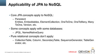 Applicability of JPA to NoSQL

            Core JPA concepts apply to NoSQL:
                     – Persistent
                             Entities, Embeddables, ElementCollection, OneToOne, OneToMany, Many
                             ToOne, Version, etc.
            Some concepts apply with some databases:
                     – JPQL, NamedNativeQuery
            Pure relational concepts don‘t apply:
                     – CollectionTable, Column, SecondaryTable, SequenceGenerator, TableGen
                             erator, etc.


40   Copyright © 2012, Oracle and/or its affiliates. All rights reserved.
 
