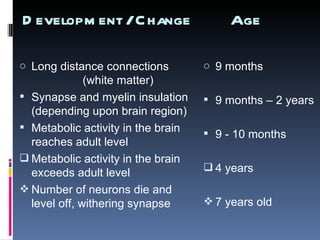 Long distance connections  (white matter) Synapse and myelin insulation (depending upon brain region) Metabolic activity in the brain reaches adult level Metabolic activity in the brain exceeds adult level Number of neurons die and level off, withering synapse 9 months 9 months – 2 years 9 - 10 months  4 years 7 years old Development / Change Age 