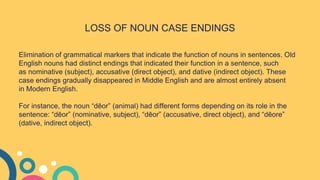 LOSS OF NOUN CASE ENDINGS
Elimination of grammatical markers that indicate the function of nouns in sentences. Old
English nouns had distinct endings that indicated their function in a sentence, such
as nominative (subject), accusative (direct object), and dative (indirect object). These
case endings gradually disappeared in Middle English and are almost entirely absent
in Modern English.
For instance, the noun “dēor” (animal) had different forms depending on its role in the
sentence: “dēor” (nominative, subject), “dēor” (accusative, direct object), and “dēore”
(dative, indirect object).
 