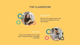 THE CLASSROOM
Mercury is the closest planet to the
Sun and the smallest one in the
Solar System
MERCURY
Saturn is the ringed one. It’s a gas
giant, composed mostly of hydrogen
and helium
SATURN
 