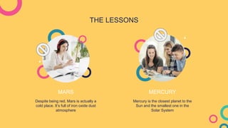 THE LESSONS
MARS
Despite being red, Mars is actually a
cold place. It’s full of iron oxide dust
atmosphere
MERCURY
Mercury is the closest planet to the
Sun and the smallest one in the
Solar System
 