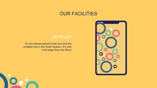 OUR FACILITIES
It’s the closest planet to the Sun and the
smallest one in the Solar System. It’s only
a bit larger than the Moon
MERCURY
 