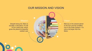 OUR MISSION AND VISION
Mission
Despite being red, Mars is
actually a cold place. It’s full
of iron oxide dust, which
gives the planet its beautiful
reddish cast
Vision
Mercury is the closest planet
to the Sun and the smallest
one in the Solar System—it’s
only a bit larger than the
Moon
 