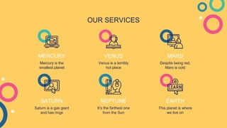 OUR SERVICES
MERCURY
Mercury is the
smallest planet
VENUS
Venus is a terribly
hot place
MARS
Despite being red,
Mars is cold
SATURN
Saturn is a gas giant
and has rings
NEPTUNE
It’s the farthest one
from the Sun
EARTH
This planet is where
we live on
 