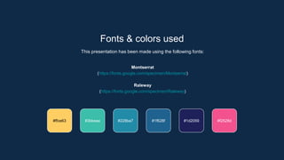 Fonts & colors used
This presentation has been made using the following fonts:
Montserrat
(https://fonts.google.com/specimen/Montserrat)
Raleway
(https://fonts.google.com/specimen/Raleway)
#3bbeaa #228ba7 #1f628f
#ffce63 #1d2059 #f2528d
 