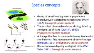 Species concepts
• Group of interbreeding natural populations
reproductively isolated from each other (Mayr
1942): Biological species concept
• The smallest discernable cluster distinguished by
a unique set of traits (Cracraft, 1982):
Phylogenetic species concept
• A lineage that has its own evolutionary tendencies
and historical fate independent of other lineages
(Simpson 1961): Evolutionary species concept
• Distinct non overlapping ecological niche (Van
Valen 1971): Ecological species concept
 