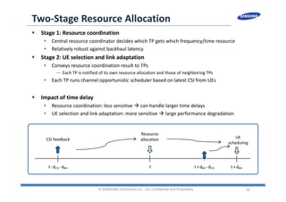 35
Two‐Stage Resource Allocation
 Stage 1: Resource coordination
• Central resource coordinator decides which TP gets which frequency/time resource
• Relatively robust against backhaul latency
 Stage 2: UE selection and link adaptation
• Conveys resource coordination result to TPs
— Each TP is notified of its own resource allocation and those of neighboring TPs
• Each TP runs channel opportunistic scheduler based on latest CSI from UEs
 Impact of time delay
• Resource coordination: less sensitive  can handle larger time delays
• UE selection and link adaptation: more sensitive  large performance degradation
© SAMSUNG Electronics Co., Ltd. Confidential and Proprietary
 