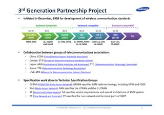 4
3rd Generation Partnership Project
 Initiated in December, 1998 for development of wireless communication standards
 Collaboration between groups of telecommunications associations
• China: CCSA (China Communications Standards Association)
• Europe: ETSI (European Telecommunications Standards Institute)
• Japan: ARIB (Association of Radio Industries and Businesses), TTC (Telecommunication Technology Committee)
• Korea: TTA (Telecommunications Technology Association)
• USA: ATIS (Alliance for Telecommunications Industry Solutions)
 Specification work done in Technical Specification Groups
• GERAN (GSM/EDGE Radio Access Network): GERAN specifies GSM radio technology, including GPRS and EDGE
• RAN (Radio Access Network): RAN specifies the UTRAN and the E‐UTRAN
• SA (Service and System Aspects): SA specifies service requirements and overall architecture of 3GPP system
• CT (Core Network and Terminals): CT specifies the core network and terminal parts of 3GPP
© SAMSUNG Electronics Co., Ltd. Confidential and Proprietary
W‐CDMA 
(1999)
W‐CDMA 
(1999)
HSDPA
(2002)
HSDPA
(2002)
HSUPA
(2005)
HSUPA
(2005)
LTE
(2008)
LTE
(2008)
LTE‐A 
(2010)
LTE‐A 
(2010)
B4G 
(2014)
B4G 
(2014)
5G5G
CDMA, QPSK DL: 16QAM
AMC, HARQ
UL: AMC, HARQ DL: OFDMA, MIMO
UL: SC‐FDMA
CoMP, CA, eICIC
UL: MIMO
backward compatible backward compatible
Rel‐99 Rel‐5 Rel‐6 Rel‐8 Rel‐10
Small cells, 
FD‐MIMO
backward compatible?
Rel‐12
 