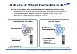 8
LTE‐Release 11: Network Coordination for LTE
© SAMSUNG Electronics Co., Ltd. Confidential and Proprietary
 Key Technology: CoMP (Coordinated Multi‐Point Transmission and Reception)
• Allows network to coordinate wireless resources (time, frequency, transmission power, etc)
• Significant improvement in system performance (Average: 20~30%, Edge: 30~40%)
• Well suited for C‐RAN (Centralized Radio Access Network)
 