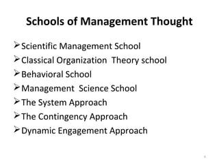Schools of Management Thought
Scientific Management School
Classical Organization Theory school
Behavioral School
Management Science School
The System Approach
The Contingency Approach
Dynamic Engagement Approach
6
 