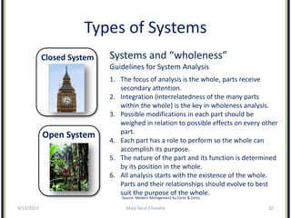 Types of Systems
Closed System
Open System
9/13/2013 Mala Sarat Chandra 32
Systems and “wholeness”
Guidelines for System A...