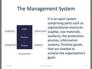 The Management System
It is an open system
comprising parts such as
organizational resources
(capital, raw materials,
work...