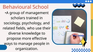 Behavioural School
•A group of management
scholars trained in
sociology, psychology, and
related fields, who use their
diverse knowledge to
propose more effective
ways to manage people in
organization.
 