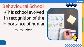 Behavioural School
•This school evolved
in recognition of the
importance of human
behavior.
 