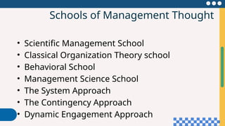 Schools of Management Thought
• Scientific Management School
• Classical Organization Theory school
• Behavioral School
• Management Science School
• The System Approach
• The Contingency Approach
• Dynamic Engagement Approach
 