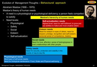 Evolution of Management Thoughts – Behavioural approach
Abraham Maslow (1908 – 1970)
Maslow’s theory of human needs
• A need is a physiological or psychological deficiency a person feels compelled
to satisfy
• Need levels:
– Physiological
– Safety
– Social
– Esteem
– Self-actualization
27Management Thoughts - MANGEMENT PROCESS
Maslow's hierarchy of human needs
Self-actualisation needs
Highest level: need for self-fulfilment, to grow and
use abilities to fullest and most creative extent
Esteem needs
Need for esteem in eyes of others, need for
respect, prestige, recognition and self-esteem,
personal sense of competence, mastery
Social needs
Need for love, affection, sense of belongingness in
one's relationships with other people.
Safety needs
Need for security, protection and stability in the
events of day-to-day life
Physiological needs
Most basic of all human needs:
Need for biological maintenance: Food, Water and Physical well-being
 