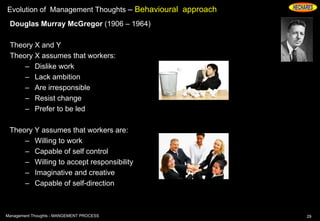 Evolution of Management Thoughts – Behavioural approach
Douglas Murray McGregor (1906 – 1964)
Theory X and Y
Theory X assumes that workers:
– Dislike work
– Lack ambition
– Are irresponsible
– Resist change
– Prefer to be led
Theory Y assumes that workers are:
– Willing to work
– Capable of self control
– Willing to accept responsibility
– Imaginative and creative
– Capable of self-direction
29Management Thoughts - MANGEMENT PROCESS
 