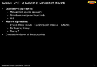 Syllabus - UNIT – 2 Evolution of Management Thoughts
• Quantitative approaches:
– Management science approach;
– Operations management approach;
– MIS
• Modern approaches:
– System theory (Inputs Transformation process outputs);
– Contingency theory;
– Theory Z
• Comparative view of all the approaches
5Management Thoughts - MANGEMENT PROCESS
 