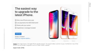 PRICE
Image 5: this image shows us the Apple iPhone upgrade program. This program allows customers to pay a monthly fee on top of their
phone’s cost and be able to upgrade as soon as a newer model is released.
(Apple Insider (2018))
 