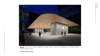 PLACE
Image 6: we see a new concept of Apple store in Taipei, Taiwan – opened in 2019. Keeping true to Apple’s modern
and sleek design aesthetic.
(Trusted Reviews (2019))
 