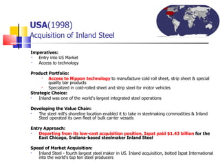 USA (1998)   Acquisition of Inland Steel Imperatives: Entry into US Market Access to technology Product Portfolio: Access to Nippon technology  to manufacture cold roll sheet, strip sheet & special quality bar products Specialized in cold-rolled sheet and strip steel for motor vehicles  Strategic Choice:   Inland was one of the world's largest integrated steel operations Developing the Value Chain:  The steel mill's shoreline location enabled it to take in steelmaking commodities & Inland Steel operated its own fleet of bulk carrier vessels  Entry Approach:   Departing from its low-cost acquisition position, Ispat paid $1.43 billion  for the East Chicago, Indiana-based steelmaker Inland Steel Speed of Market Acquisition:  Inland Steel - fourth largest steel maker in US. Inland acquisition, bolted Ispat International into the world's top ten steel producers 