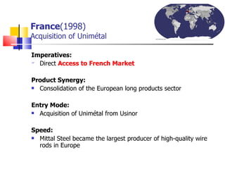 France (1998)   Acquisition of Unimétal Imperatives:  Direct  Access to French Market Product Synergy:   Consolidation of the European long products sector Entry Mode:  Acquisition of Unimétal from Usinor  Speed:   Mittal Steel became the largest producer of high-quality wire rods in Europe  