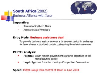 South Africa (2002)   Business Alliance with Iscor Imperative:   Access to Southern Africa Access to Asia/America’s Entry Mode:  Business assistance deal  To provide business assistance over a three-year period in exchange for Iscor shares - provided certain cost-saving thresholds were met PESTEL Analysis: Political:  South African government's growth objectives in the    manufacturing sector,  Legal:  Approval from the country's Competition Commission  Speed:   Mittal Group took control of Iscor in June 2004  