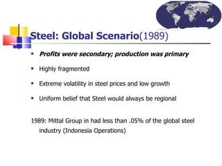 Steel: Global Scenario (1989) Profits were secondary; production was primary Highly fragmented Extreme volatility in steel prices and low growth  Uniform belief that Steel would always be regional 1989: Mittal Group in had less than .05% of the global steel industry (Indonesia Operations)   
