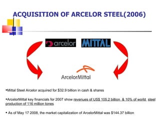 ACQUISITION OF ARCELOR STEEL(2006) Mittal Steel Arcelor acquired for $32.9 billion in cash & shares ArcelorMittal key financials for 2007 show  revenues of US$ 105.2 billion  & 10% of world  steel production of 116 million tones As of May 17 2008, the market capitalization of ArcelorMittal was $144.37 billion   