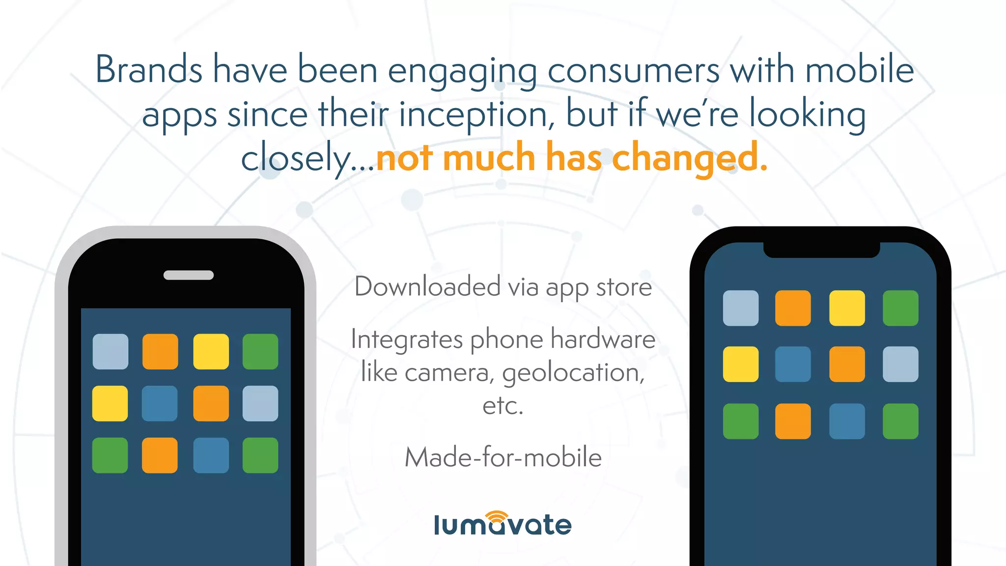 Brands have been engaging consumers with mobile
apps since their inception, but if we’re looking
closely...not much has changed.
Downloaded via app store
Integrates phone hardware
like camera, geolocation,
etc.
Made-for-mobile
 