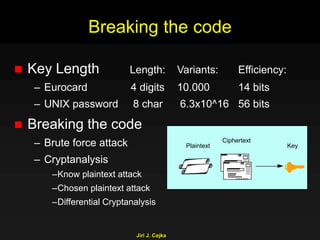 Jiri J. Cejka
Breaking the code
 Key Length Length: Variants: Efficiency:
– Eurocard 4 digits 10.000 14 bits
– UNIX password 8 char 6.3x10^16 56 bits
 Breaking the code
– Brute force attack
– Cryptanalysis
–Know plaintext attack
–Chosen plaintext attack
–Differential Cryptanalysis
Plaintext
Ciphertext
Key
 
