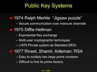 Jiri J. Cejka
Public Key Systems
 1974 Ralph Merkle “Jigsaw puzzle”
– Secure communication over insecure channels
 1975 Diffie-Hellman
– Exponential Key exchange
– Multi-user cryptographic techniques
– (1975 Private system as Standard DES)
 1977 Rivest, Shamir, Adleman: RSA
– Easy to multiply two large prime numbers
– Difficult to find its prime factors.
 