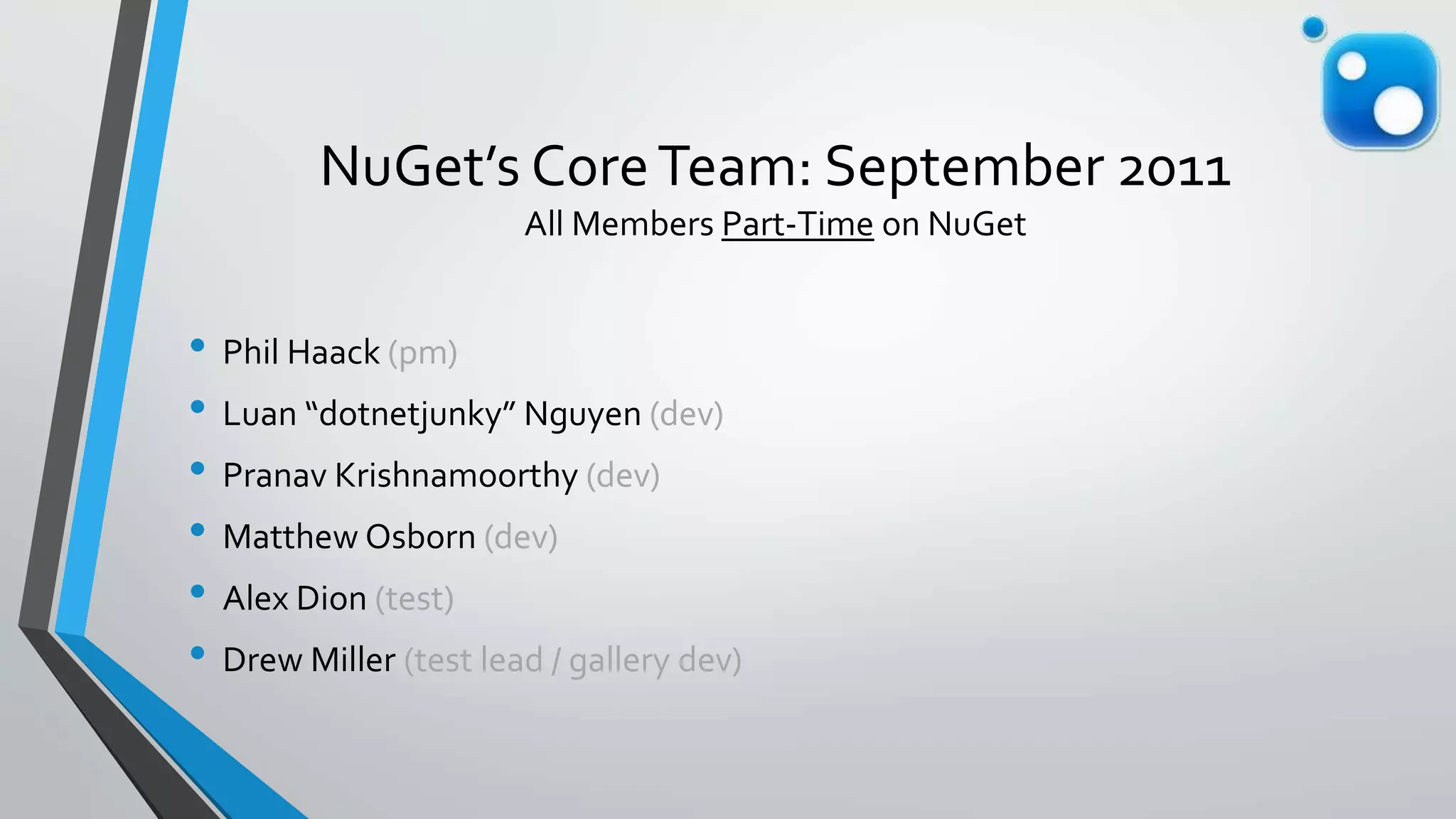 NuGet’s CoreTeam: September 2011
All Members Part-Time on NuGet
• Phil Haack (pm)
• Luan “dotnetjunky” Nguyen (dev)
• Pranav Krishnamoorthy (dev)
• Matthew Osborn (dev)
• Alex Dion (test)
• Drew Miller (test lead / gallery dev)
 
