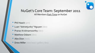 NuGet’s CoreTeam: September 2011
All Members Part-Time on NuGet
• Phil Haack (pm)
• Luan “dotnetjunky” Nguyen (dev)
• Pranav Krishnamoorthy (dev)
• Matthew Osborn (dev)
• Alex Dion (test)
• Drew Miller (test lead / gallery dev)
 