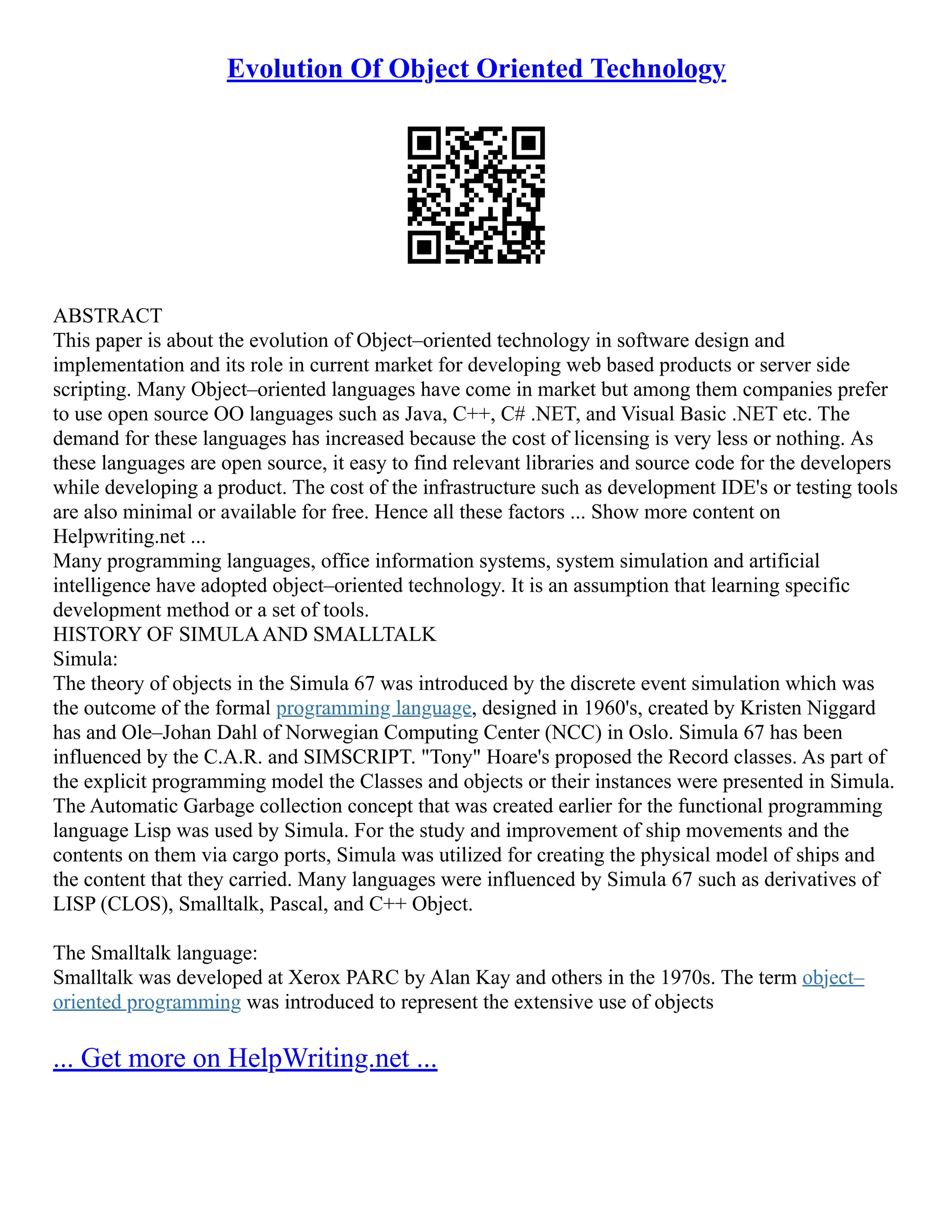 Evolution Of Object Oriented Technology | PDF