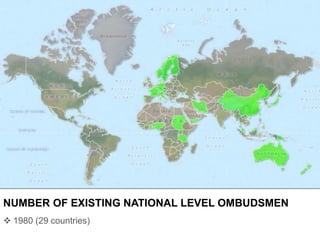 NUMBER OF EXISTING NATIONAL LEVEL OMBUDSMEN
 1980 (29 countries)
 