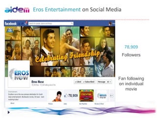 Eros Entertainment on Social Media




                                      78,909
                                     Followers




                                Fan following
                                on individual
                                   movie
 
